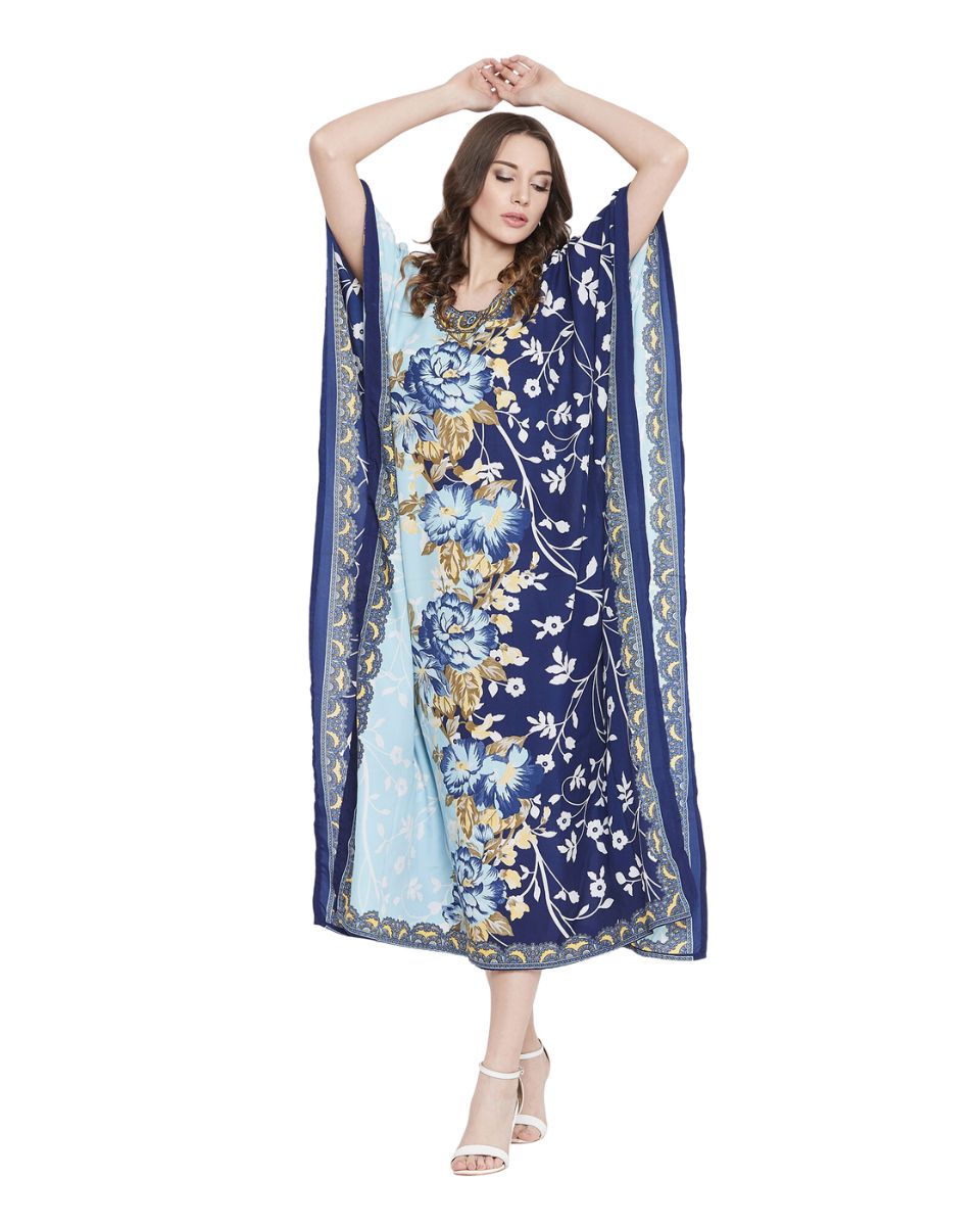 Floral Printed Navy Blue Polyester Kaftan Dress For Plus Size Women