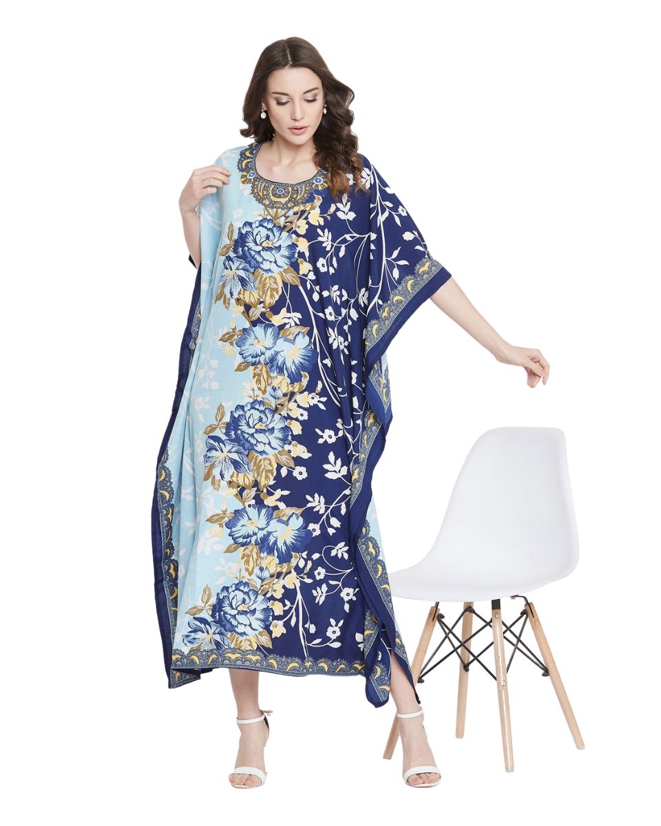 Floral Printed Navy Blue Polyester Kaftan Dress For Plus Size Women