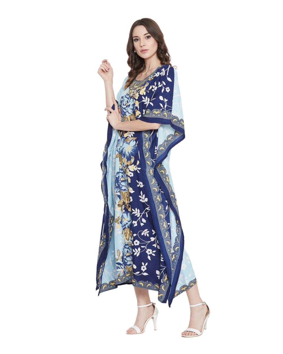 Floral Printed Navy Blue Polyester Kaftan Dress For Plus Size Women