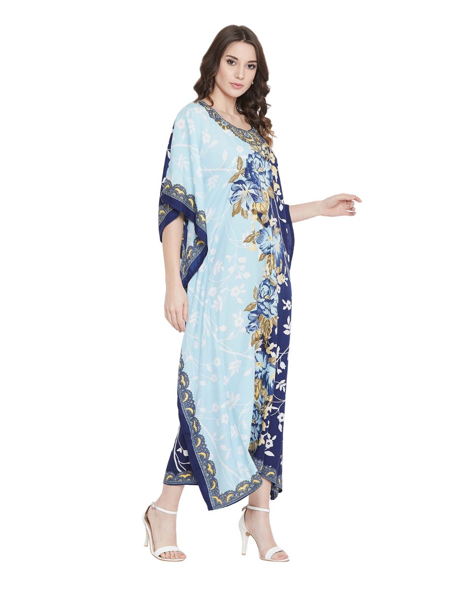 Floral Printed Navy Blue Polyester Kaftan Dress For Plus Size Women