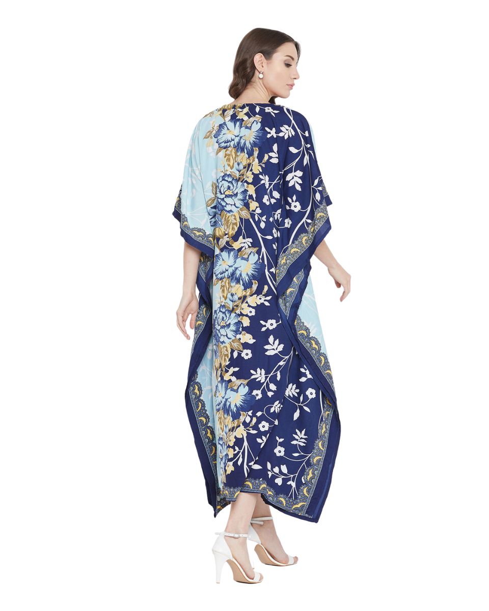 Floral Printed Navy Blue Polyester Kaftan Dress For Plus Size Women