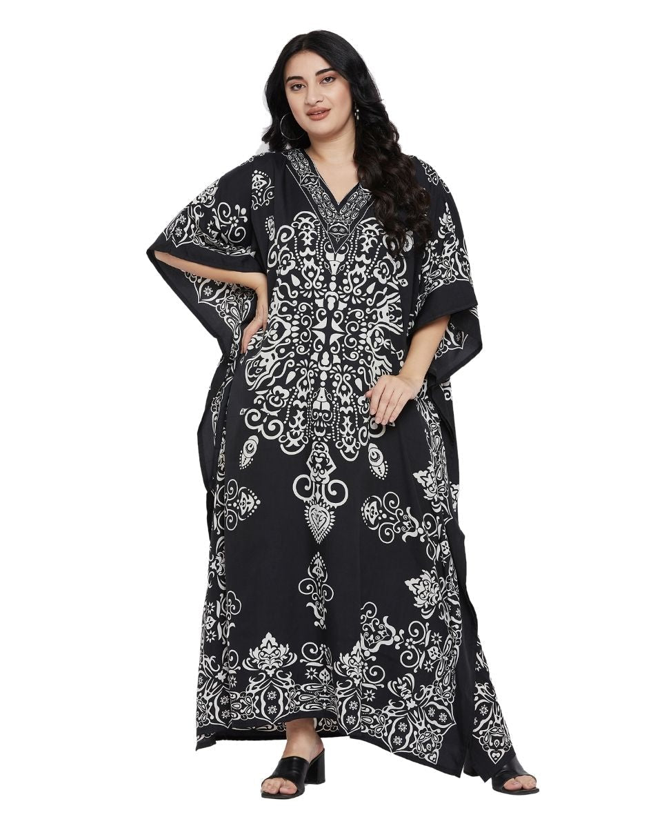Damask Polyester Black Kimono sleeve Plus Size Kaftan For Women