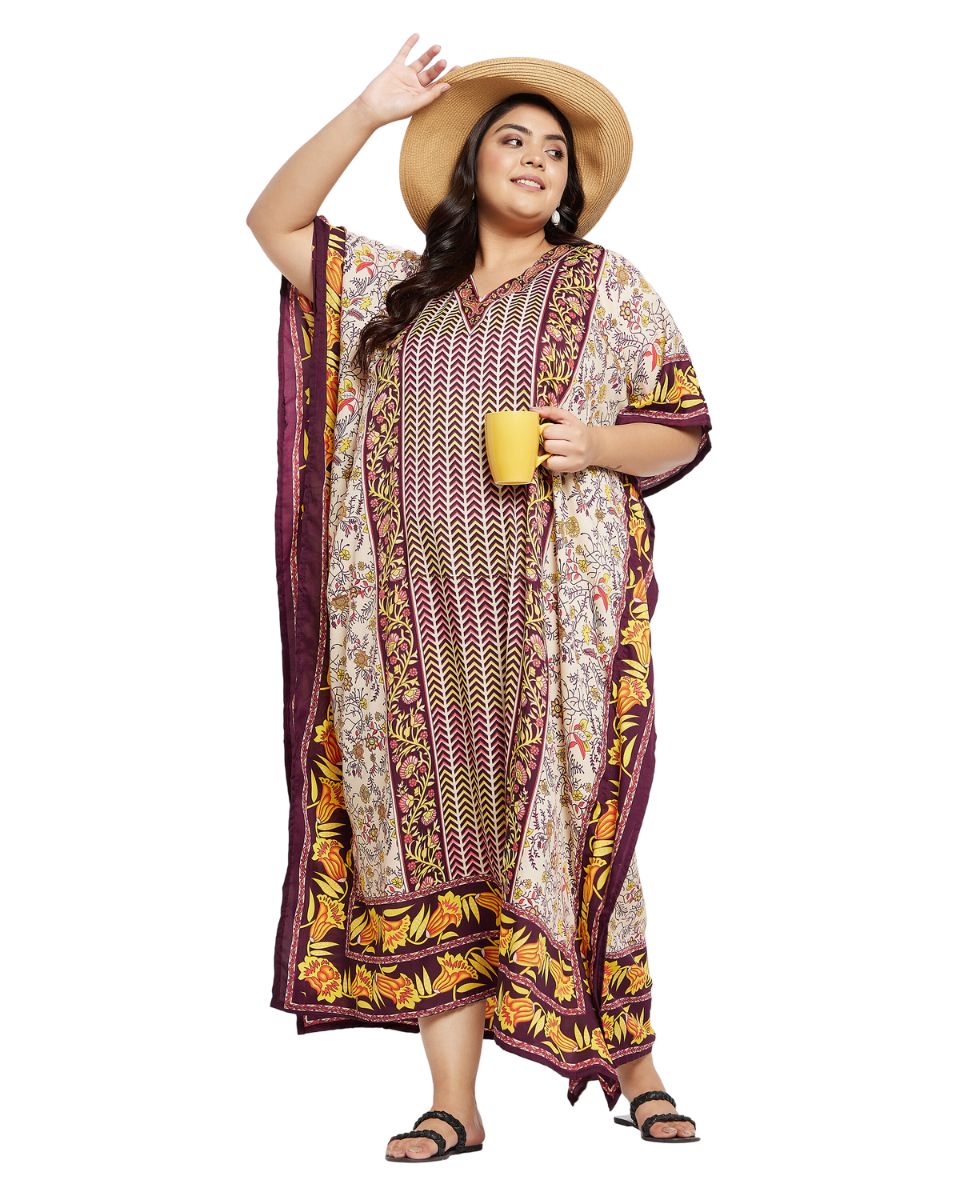 Floral Brown Polyester V Neck Kaftan Dress For Plus Size Women