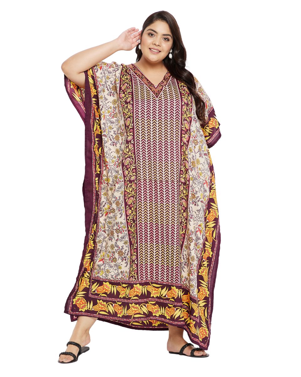 Floral Brown Polyester V Neck Kaftan Dress For Plus Size Women