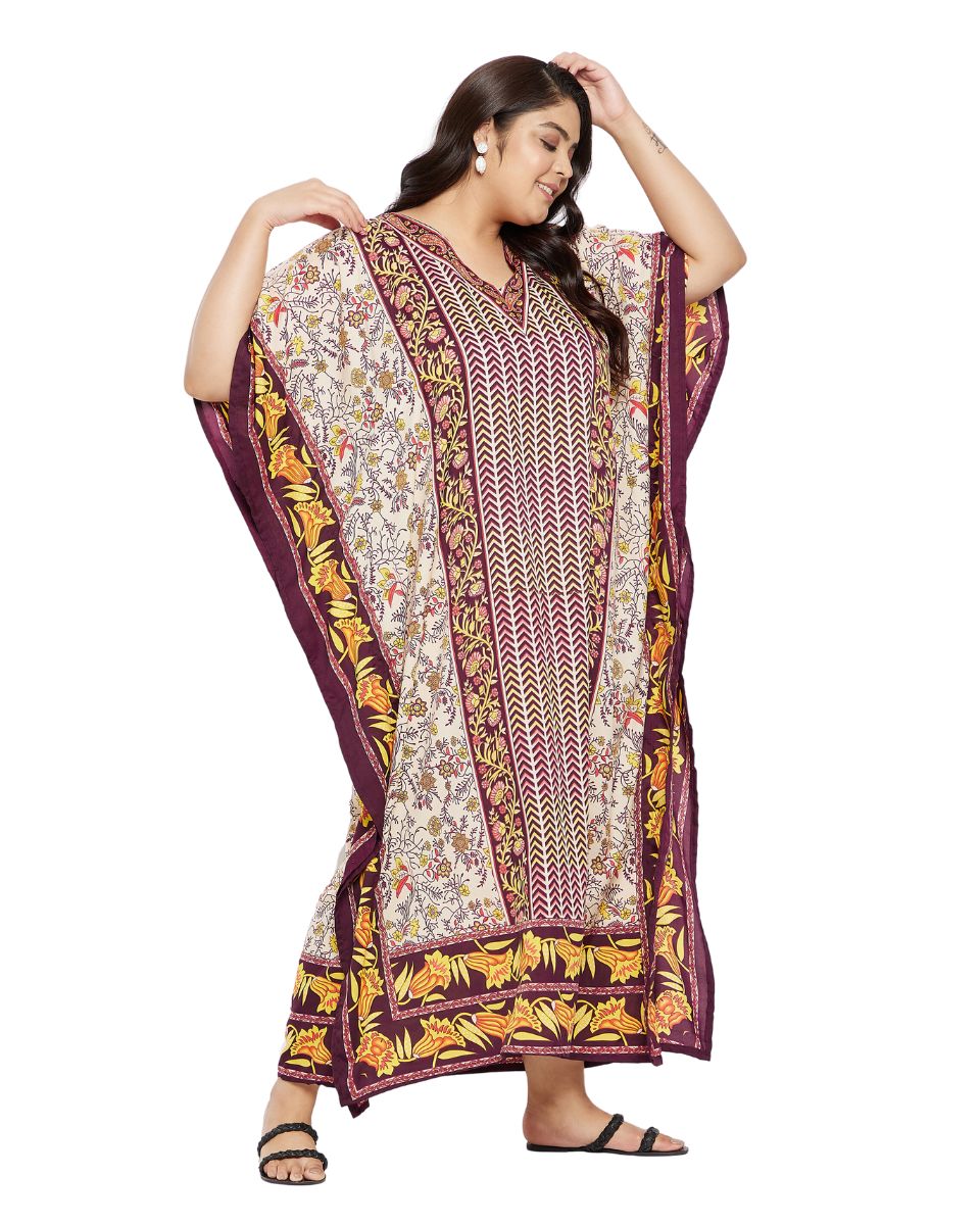 Floral Brown Polyester V Neck Kaftan Dress For Plus Size Women