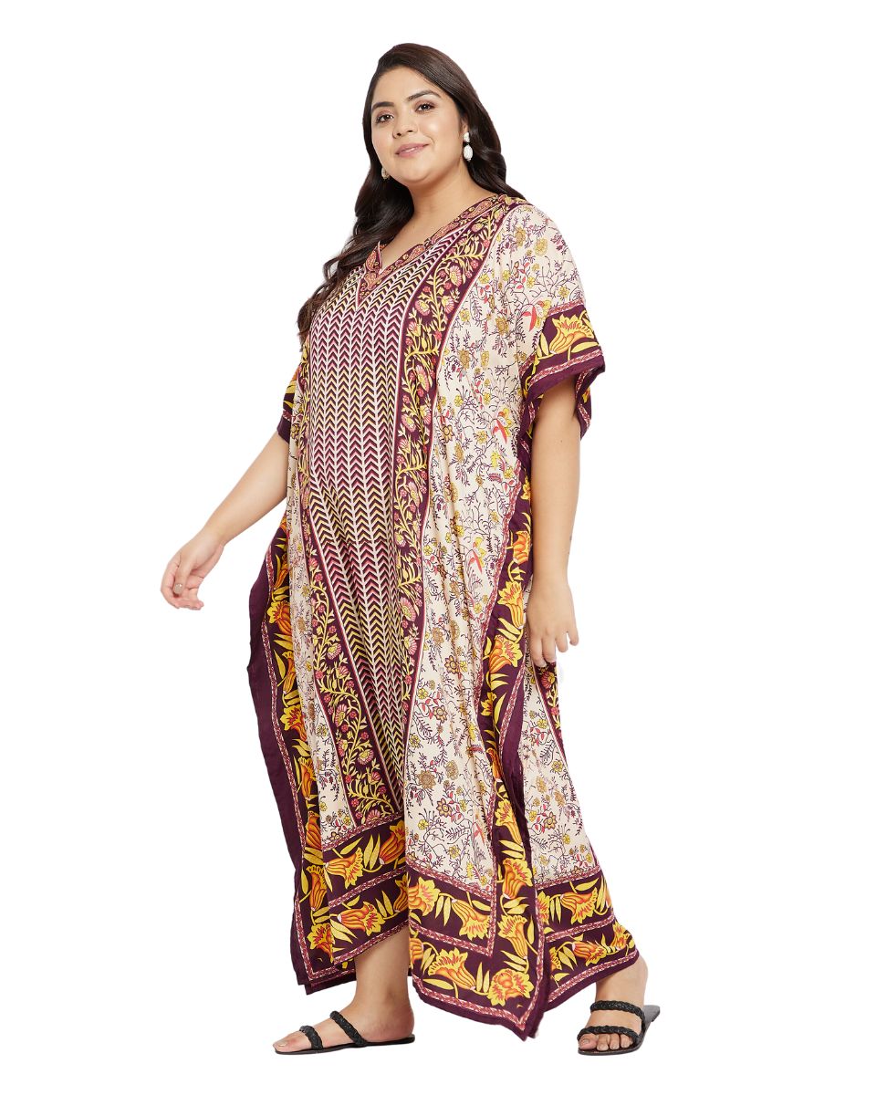 Floral Brown Polyester V Neck Kaftan Dress For Plus Size Women
