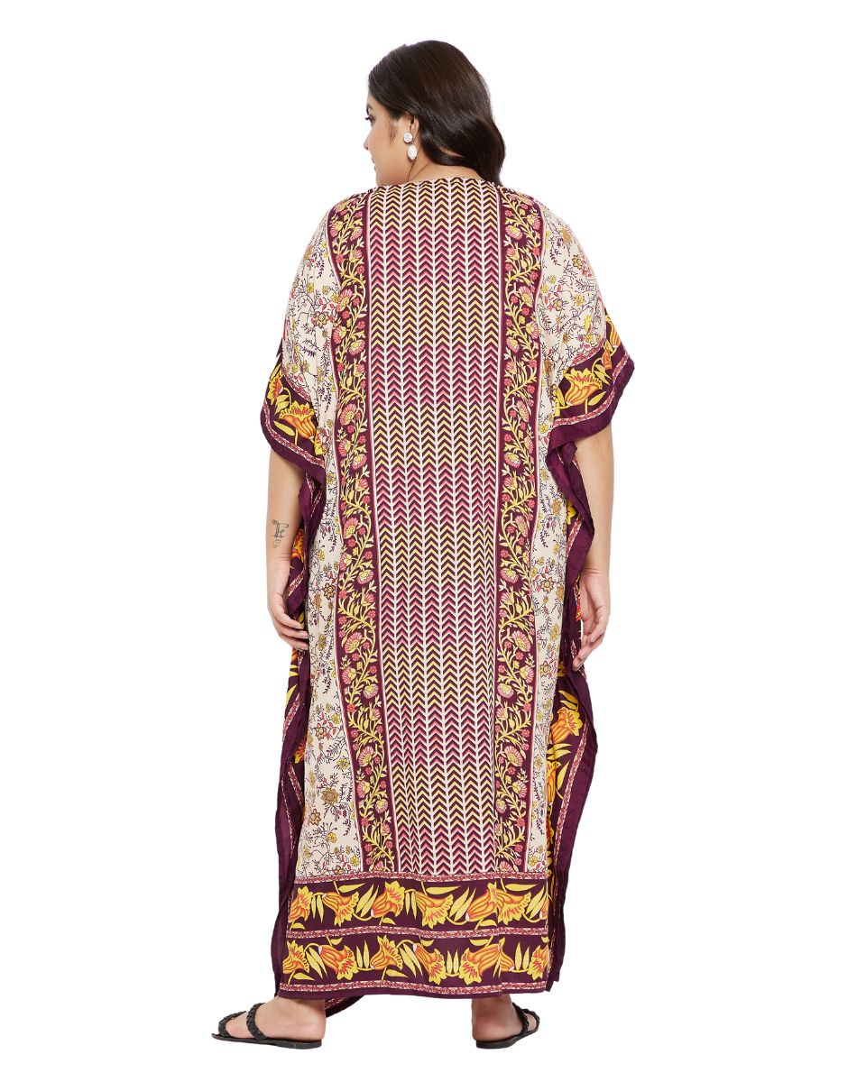 Floral Brown Polyester V Neck Kaftan Dress For Plus Size Women