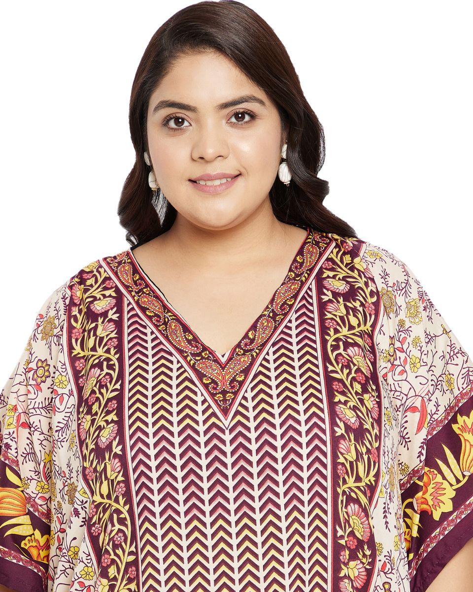 Floral Brown Polyester V Neck Kaftan Dress For Plus Size Women
