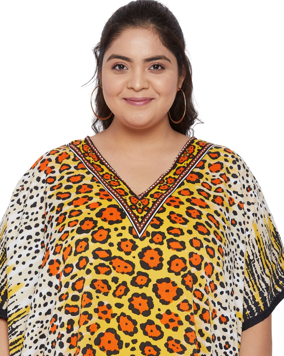 Animal Printed Yellow Polyester Kaftan Dress For Plus Size Women