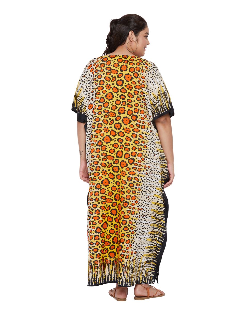 Animal Printed Yellow Polyester Kaftan Dress For Plus Size Women