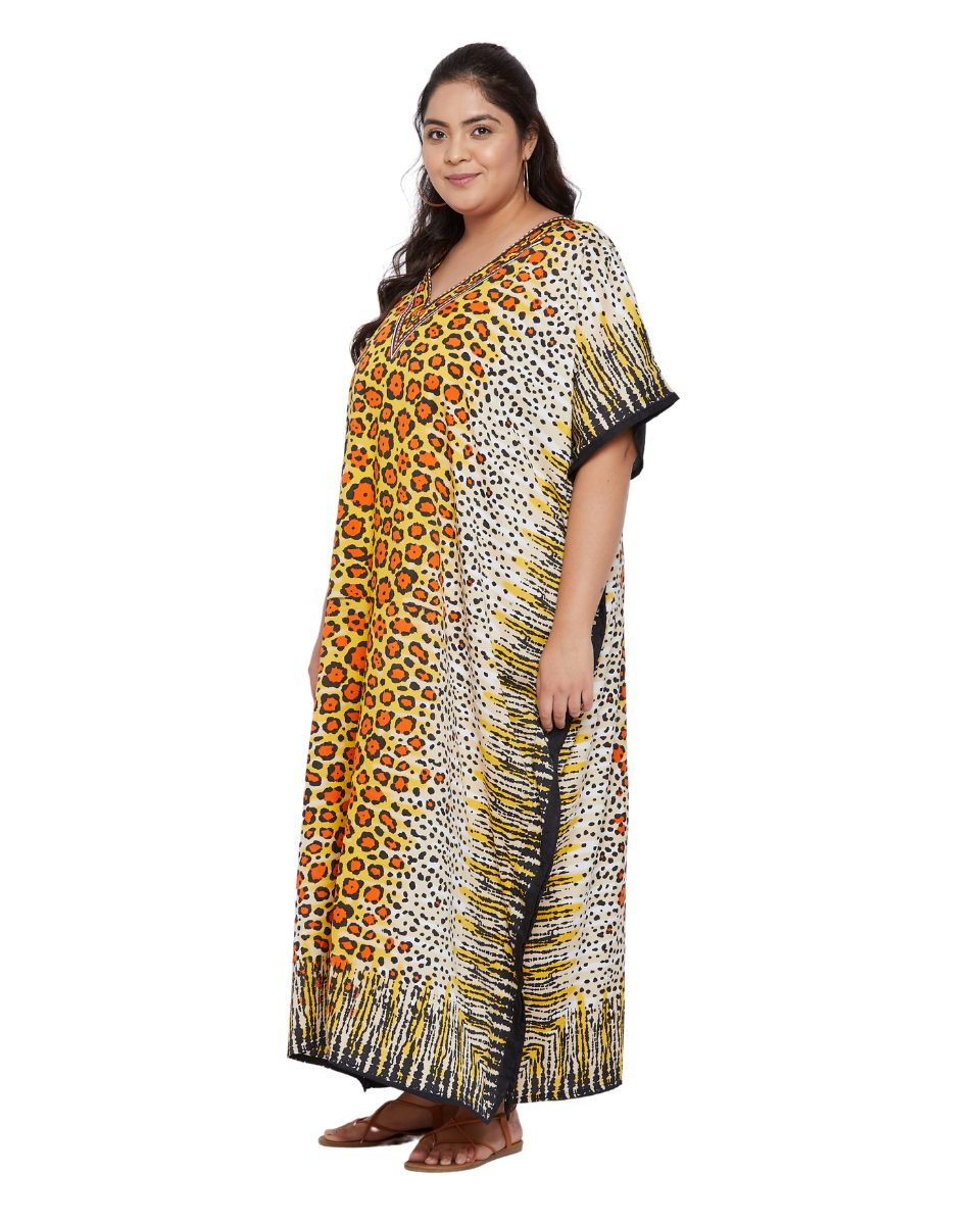 Animal Printed Yellow Polyester Kaftan Dress For Plus Size Women