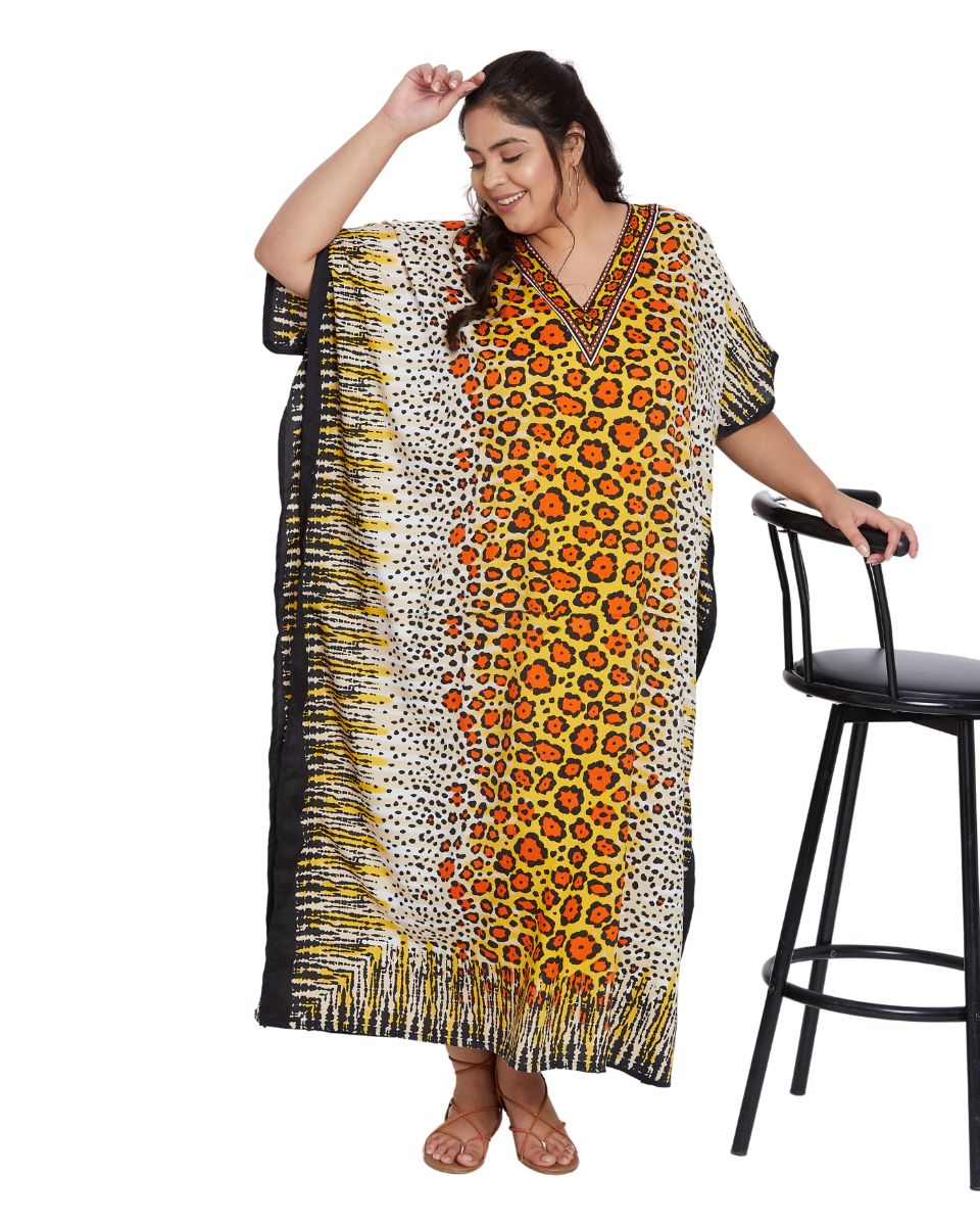 Animal Printed Yellow Polyester Kaftan Dress For Plus Size Women