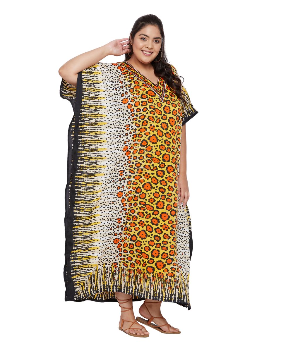 Animal Printed Yellow Polyester Kaftan Dress For Plus Size Women