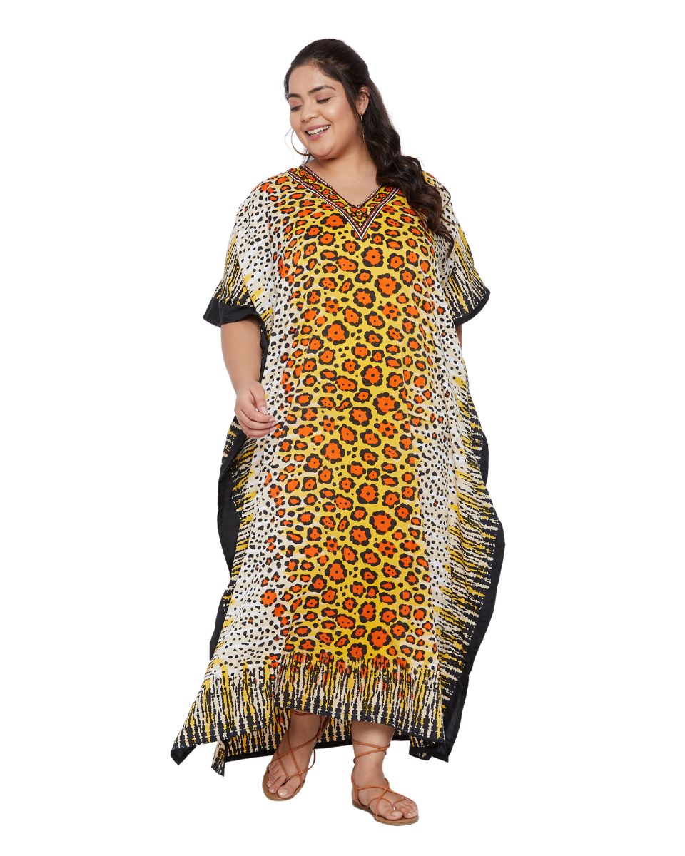 Animal Printed Yellow Polyester Kaftan Dress For Plus Size Women