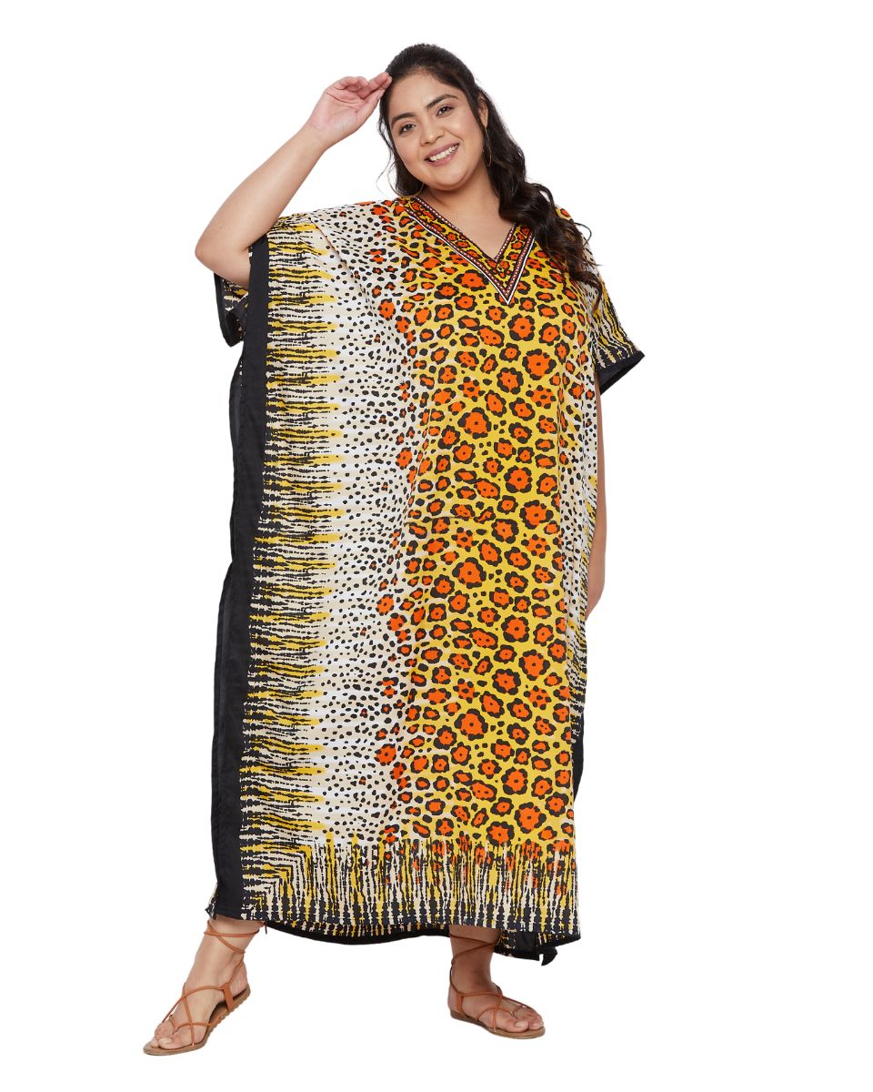 Animal Printed Yellow Polyester Kaftan Dress For Plus Size Women
