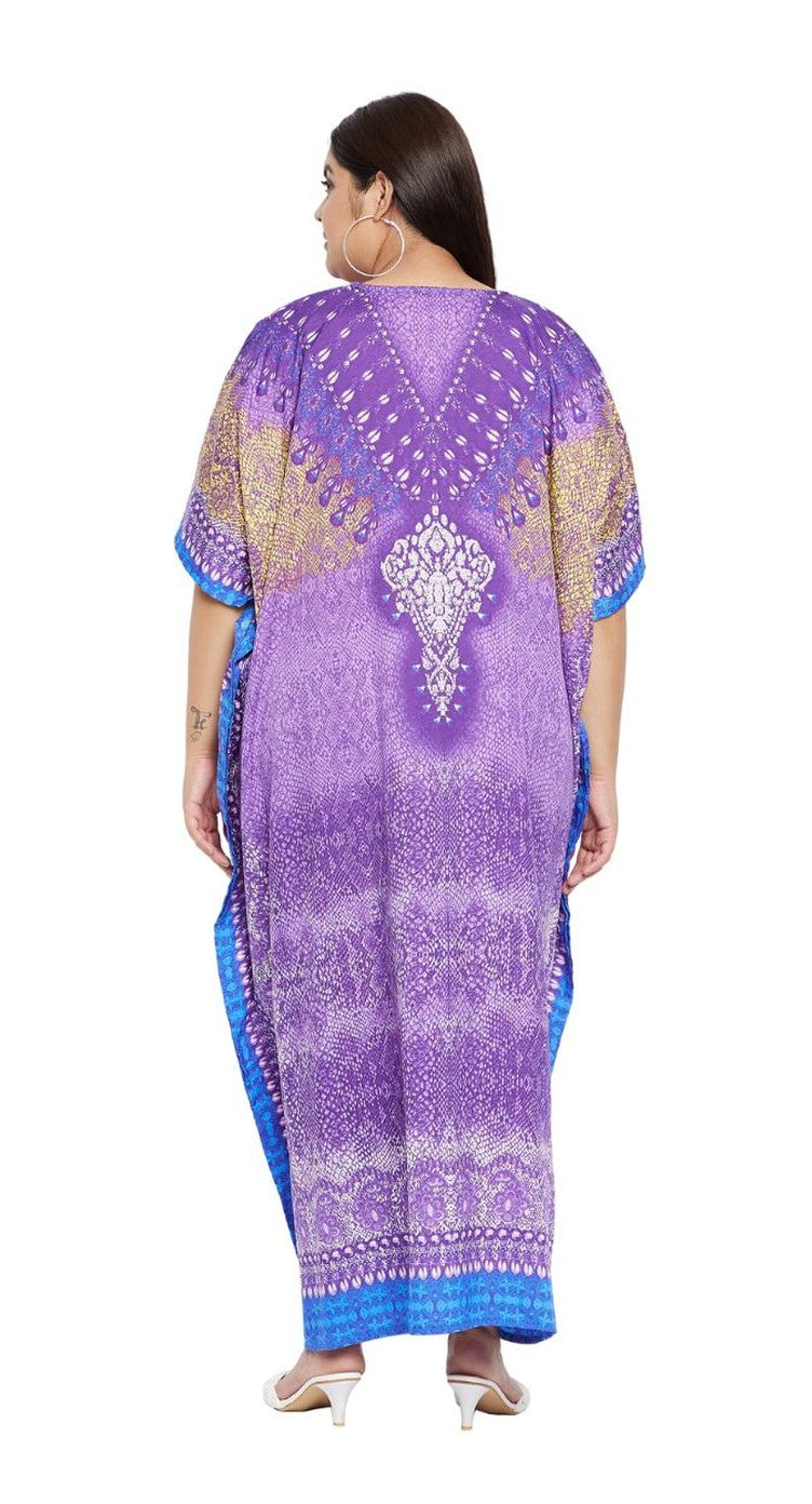 Purple ombre medallion border print polyester plus size kaftan with V-neck — extra view