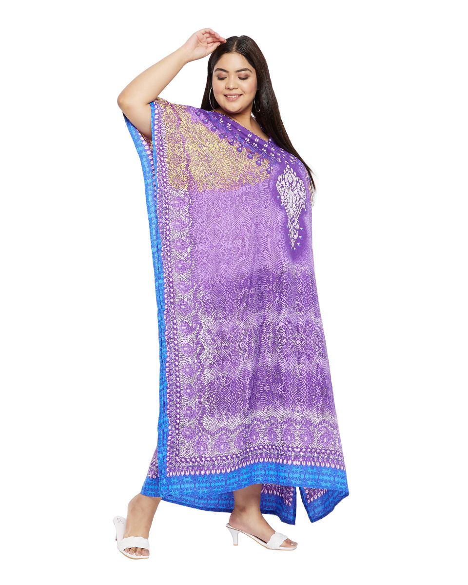 Animal Printed Purple Polyester Kaftan Dress For Plus Size Women