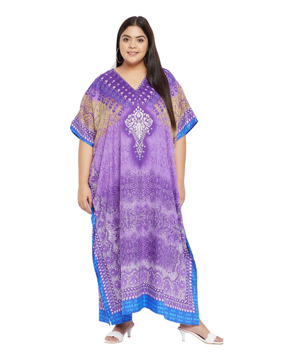 Animal Printed Purple Polyester Kaftan Dress For Plus Size Women