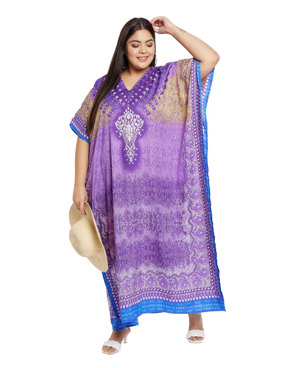 Animal Printed Purple Polyester Kaftan Dress For Plus Size Women