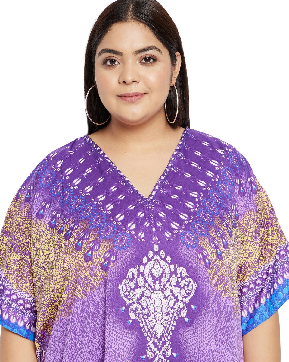 Animal Printed Purple Polyester Kaftan Dress For Plus Size Women