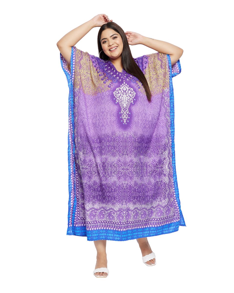 Animal Printed Purple Polyester Kaftan Dress For Plus Size Women