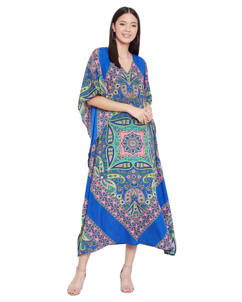 Paisley Printed Blue Polyester Kaftan Dress For Plus Size Women