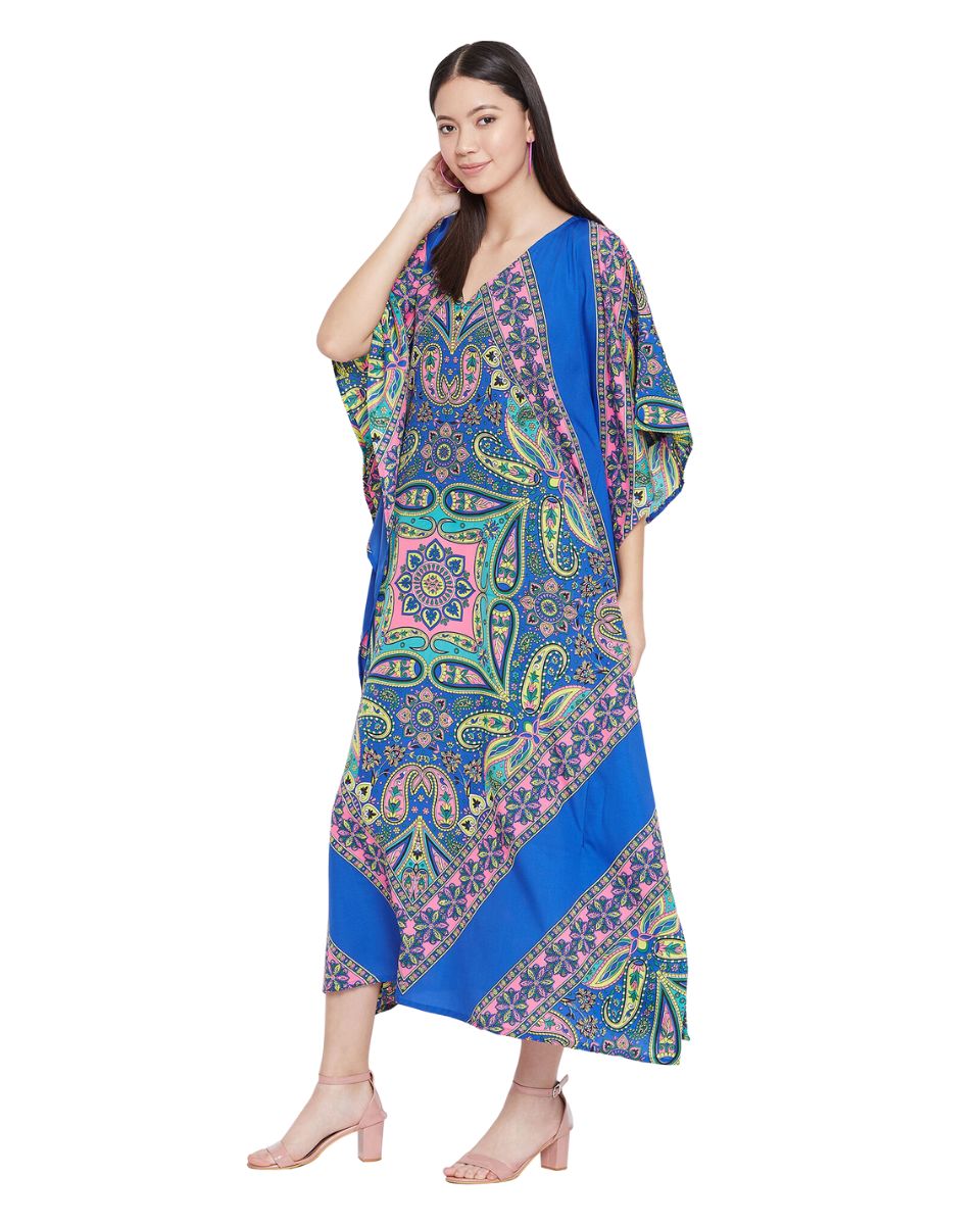 Paisley Printed Blue Polyester Kaftan Dress For Plus Size Women