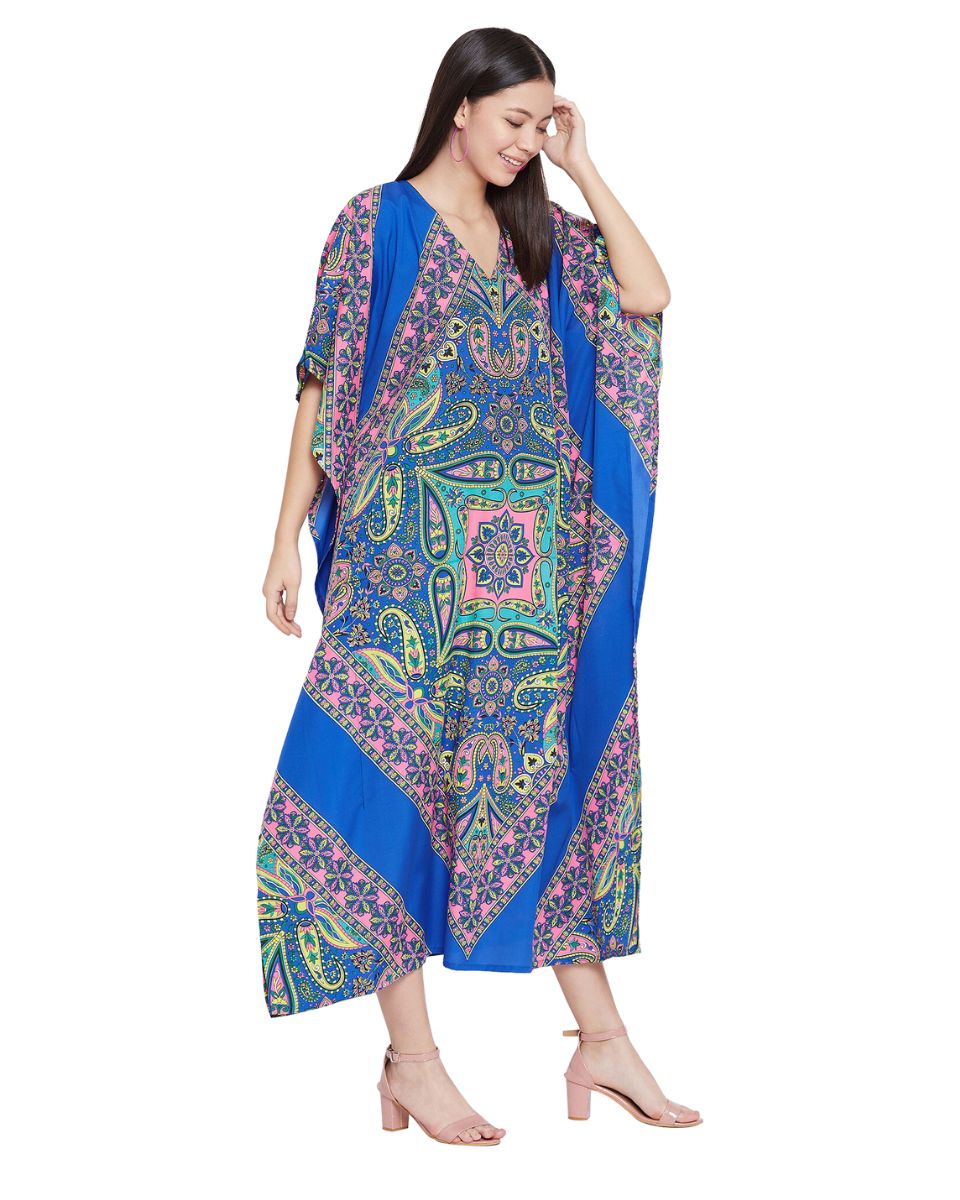 Paisley Printed Blue Polyester Kaftan Dress For Plus Size Women