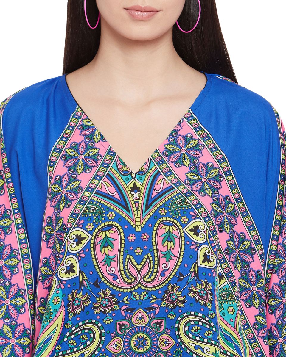 Paisley Printed Blue Polyester Kaftan Dress For Plus Size Women