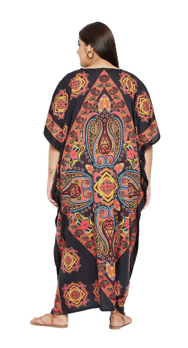 Black polyester plus size kaftan with red and gold paisley medallion print and V-neck — extra view