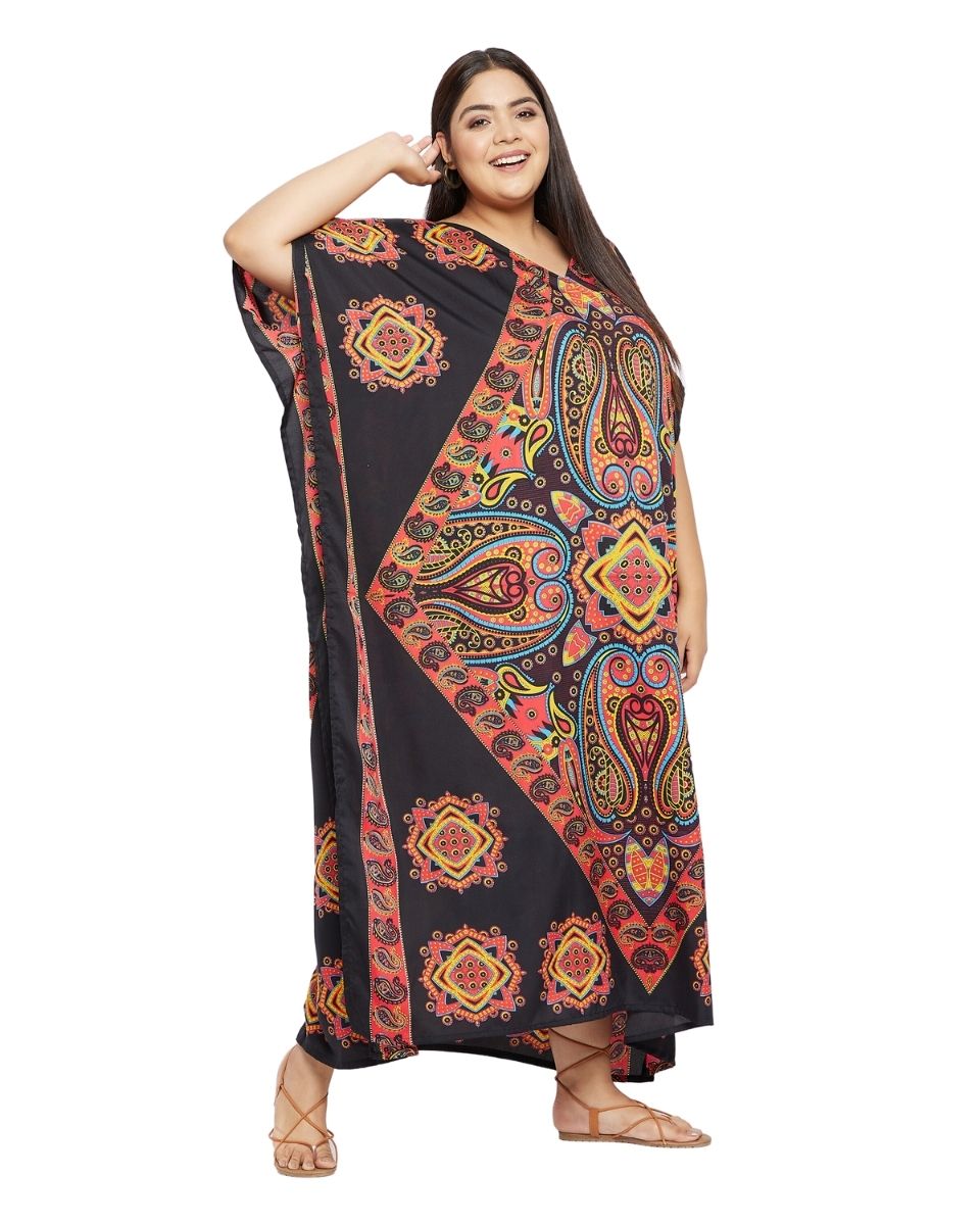 Paisley Printed Black Polyester Kaftan Dress Plus Size For Women