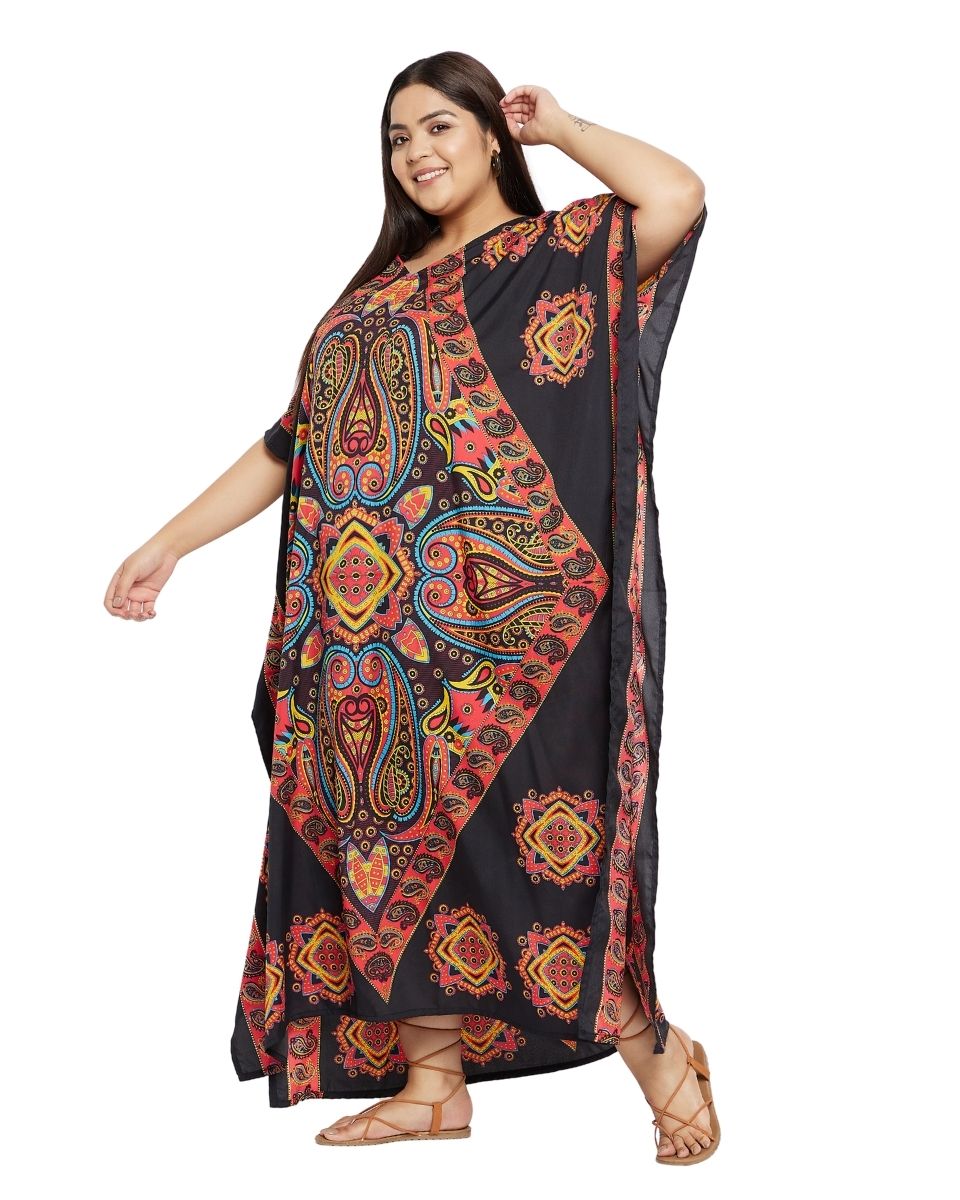 Paisley Printed Black Polyester Kaftan Dress Plus Size For Women