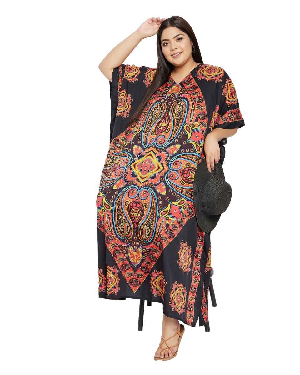 Paisley Printed Black Polyester Kaftan Dress Plus Size For Women