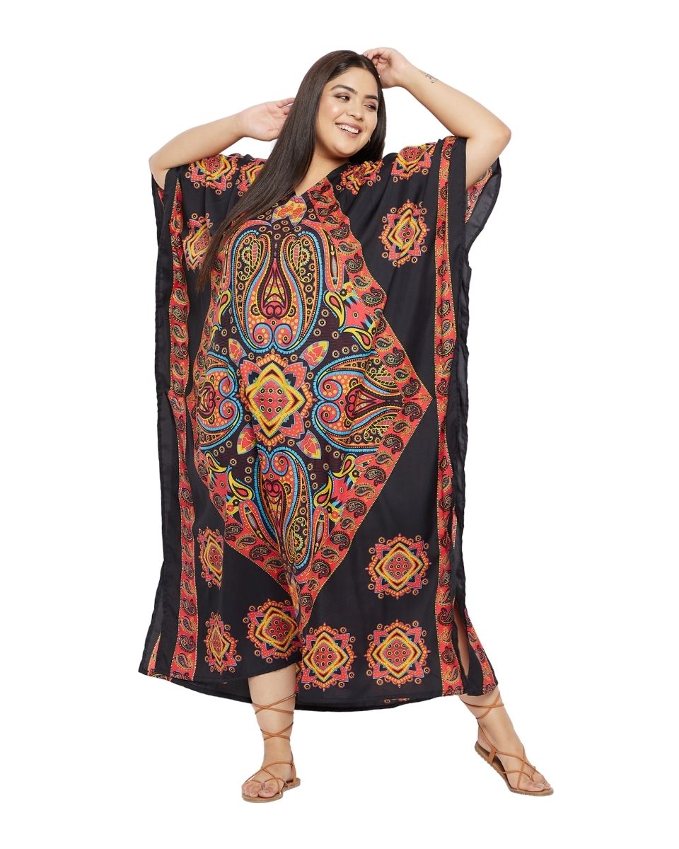 Paisley Printed Black Polyester Kaftan Dress Plus Size For Women