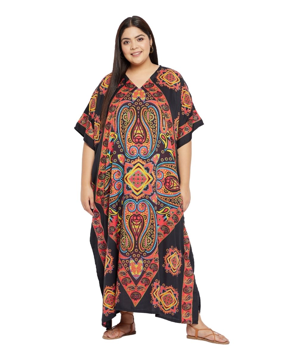 Paisley Printed Black Polyester Kaftan Dress Plus Size For Women