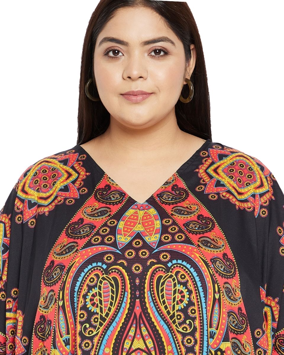 Paisley Printed Black Polyester Kaftan Dress Plus Size For Women