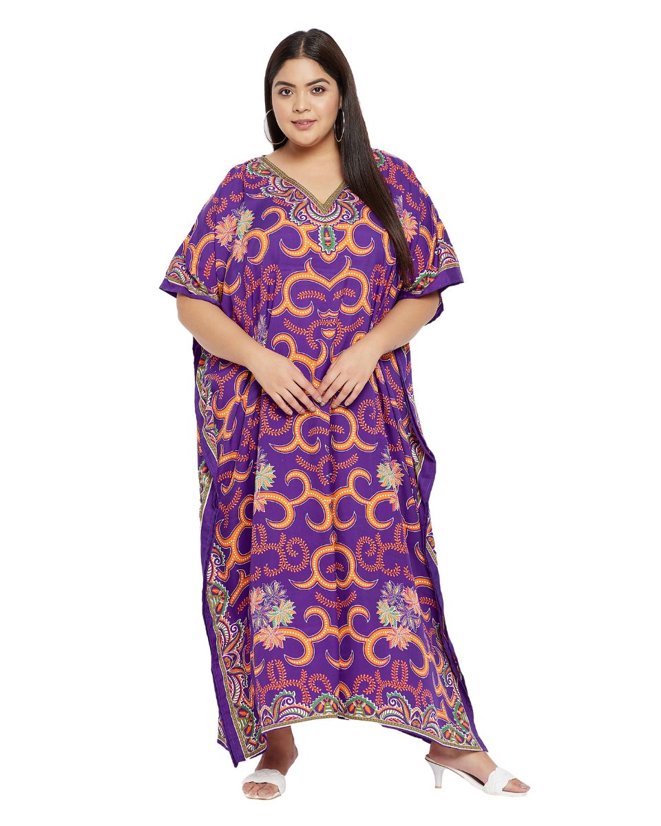 Floral Printed Purple Plus Size Polyester Kaftan Dress For Women