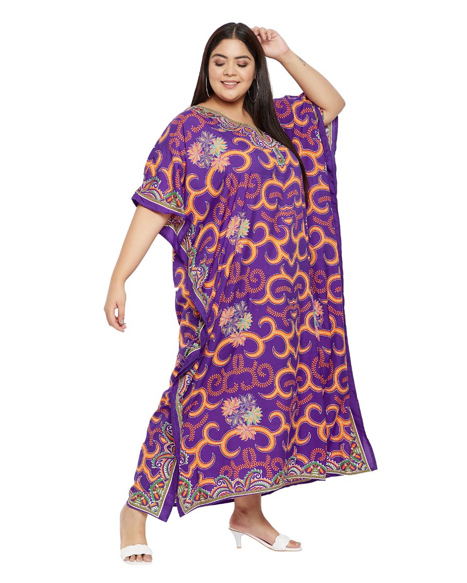 Floral Printed Purple Plus Size Polyester Kaftan Dress For Women