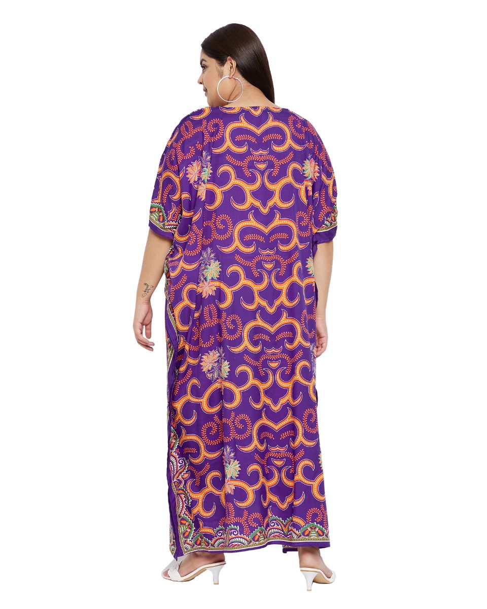 Floral Printed Purple Plus Size Polyester Kaftan Dress For Women
