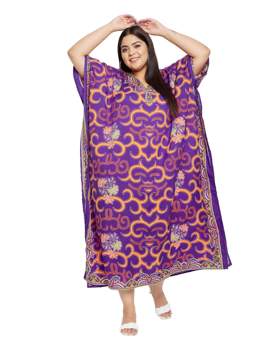 Floral Printed Purple Plus Size Polyester Kaftan Dress For Women