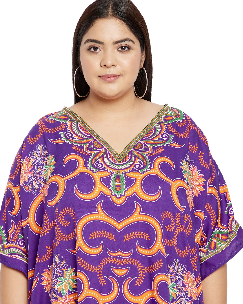 Floral Printed Purple Plus Size Polyester Kaftan Dress For Women