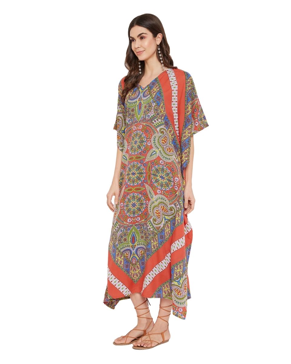 Paisley Red Plus Size Polyester Kaftan Dress For Women