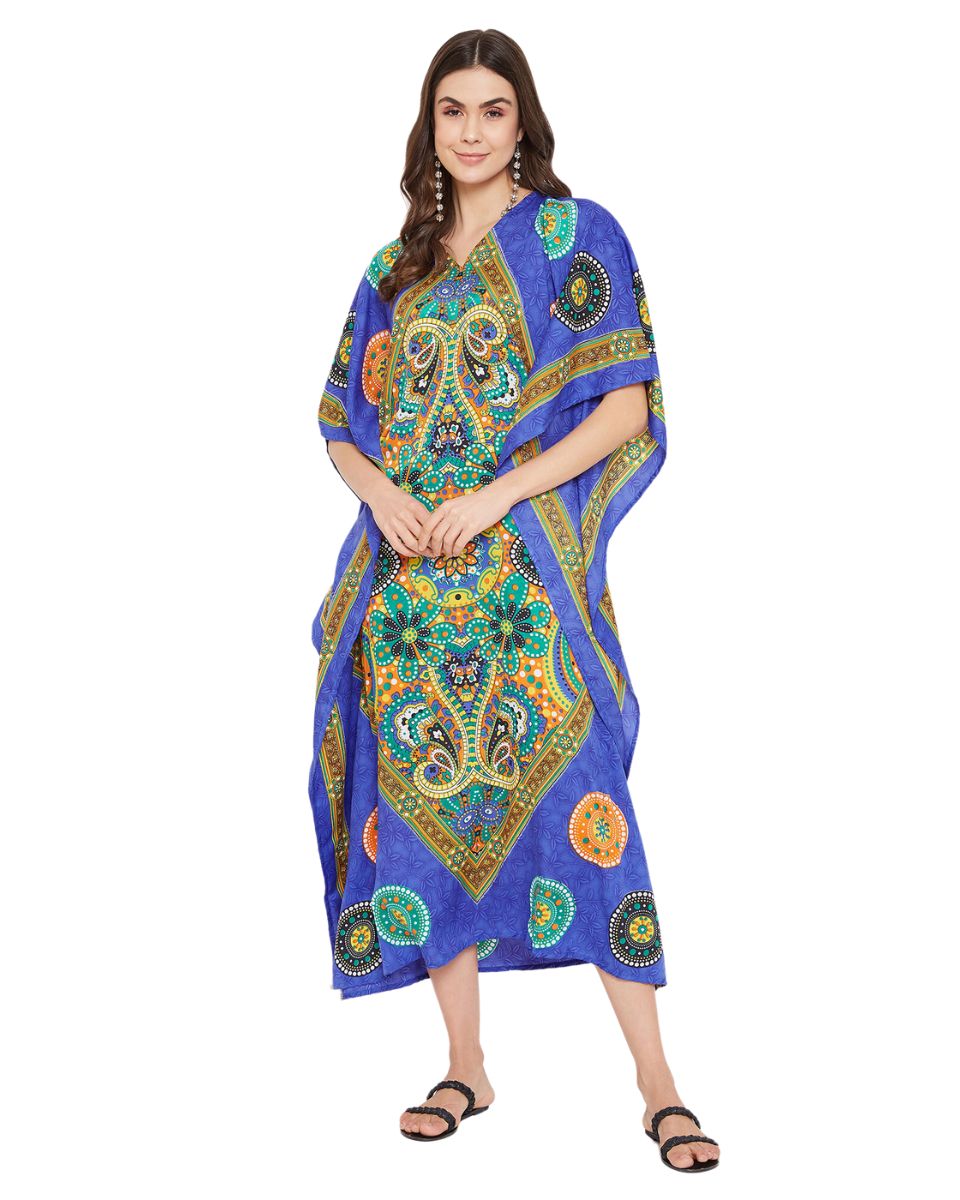 Paisley Blue Polyester Kaftan Plus Size Dress For Women