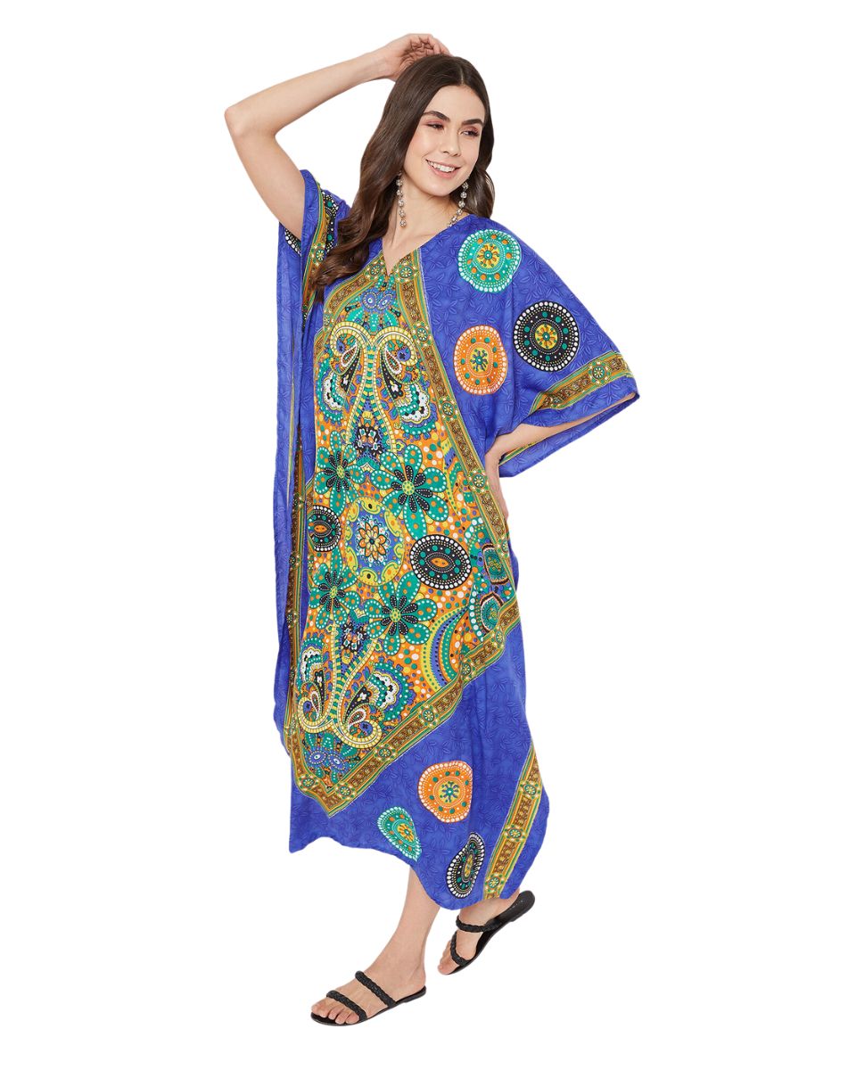 Paisley Blue Polyester Kaftan Plus Size Dress For Women