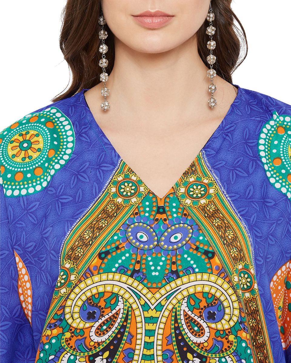 Paisley Blue Polyester Kaftan Plus Size Dress For Women