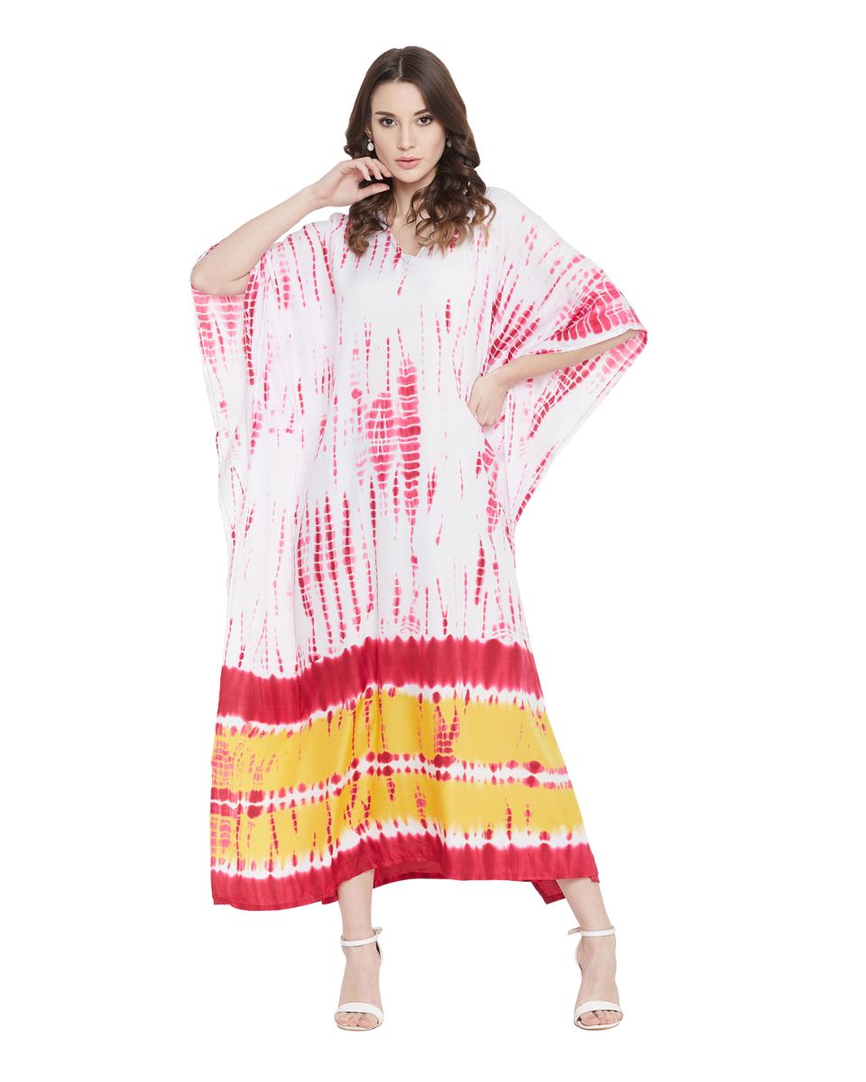 Pink Tie Dye Printed Polyester Plus Size Kaftan For Women