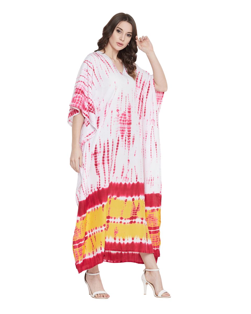 Pink Tie Dye Printed Polyester Plus Size Kaftan For Women