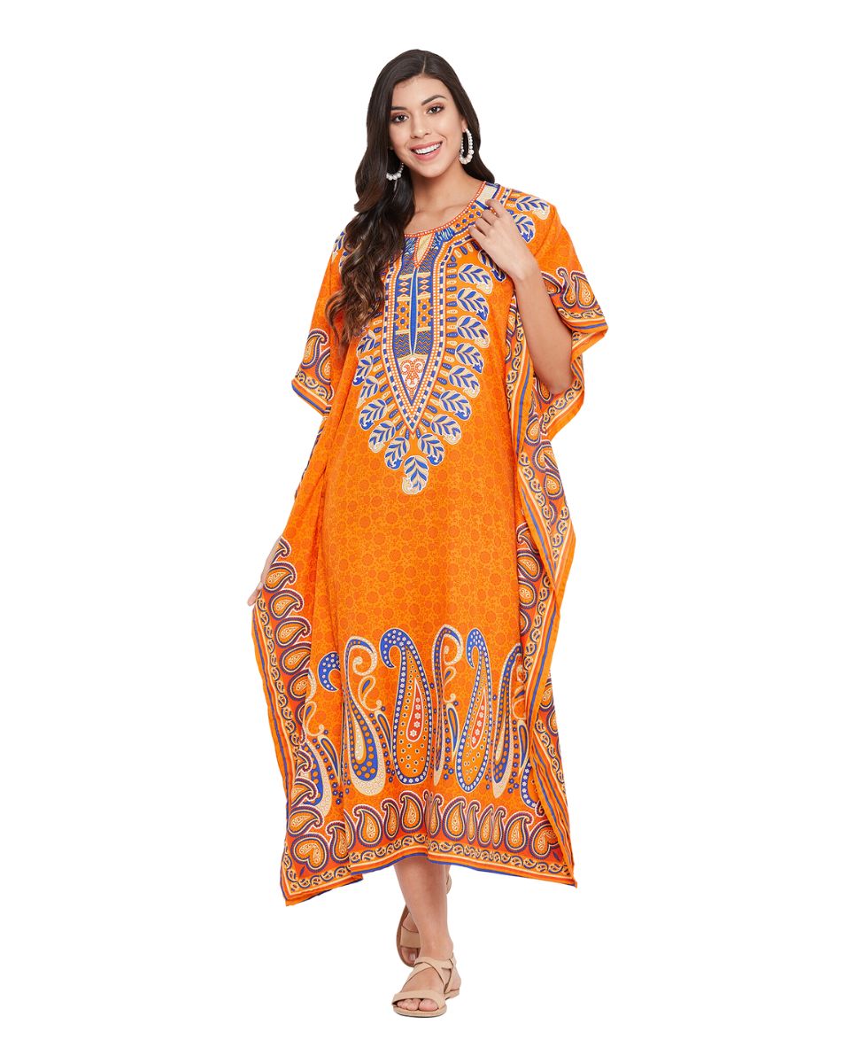 Paisley Printed Orange Plus Size Polyester Kaftan Dress For Women