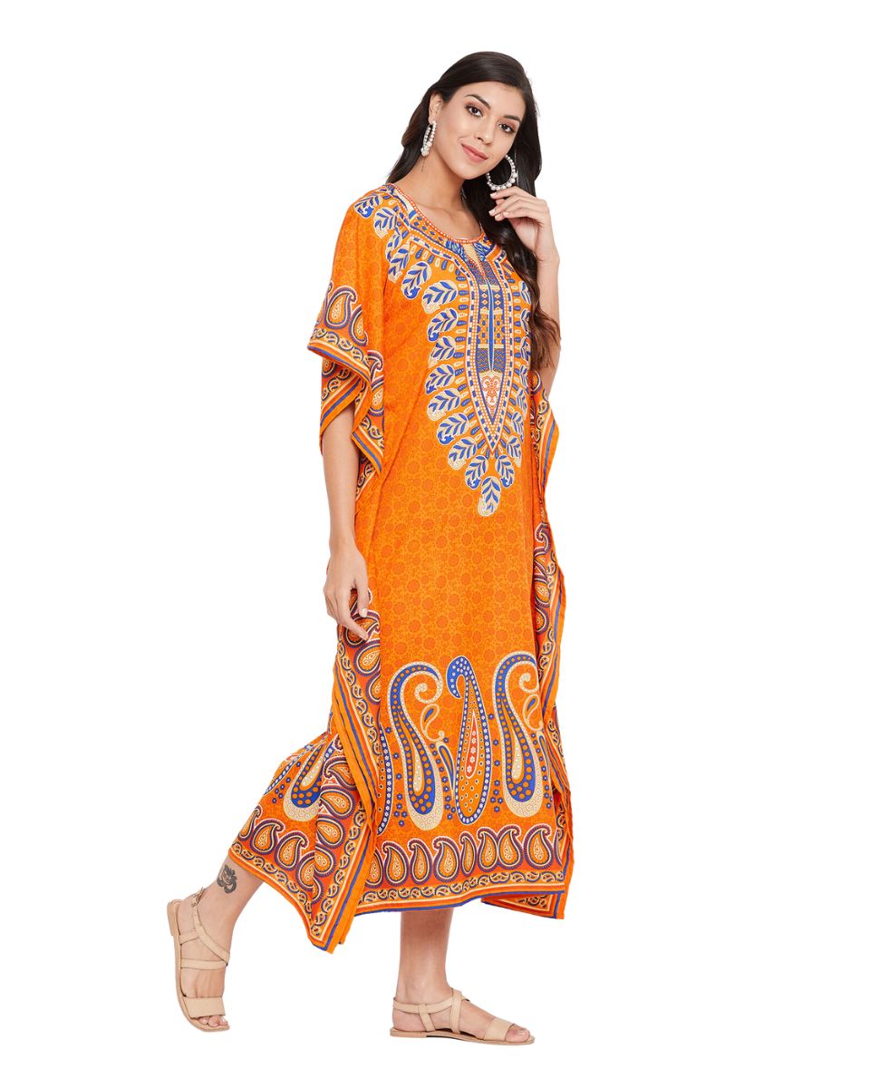 Paisley Printed Orange Plus Size Polyester Kaftan Dress For Women