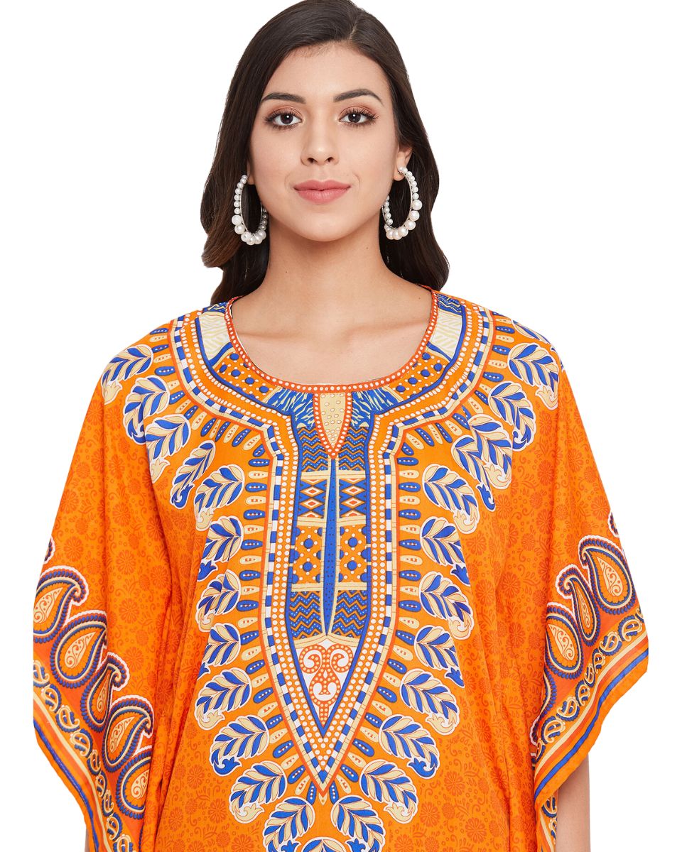 Paisley Printed Orange Plus Size Polyester Kaftan Dress For Women